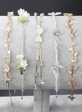 森系珍珠水钻发箍细边简约新娘婚礼发饰发卡法式双层交叉蝴蝶饰品