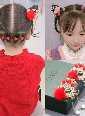 可爱新年红色貂毛抓夹儿童扎丸子头洋气毛绒发夹女童流苏喜庆发饰