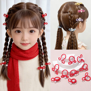儿童扎辫子红色珍珠蝴蝶结小发圈迷你弹力编发橡皮筋喜庆头饰新年
