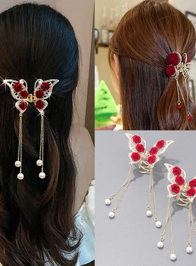 复古气质流苏珍珠蝴蝶抓夹扎后脑勺玫瑰花发夹新年大红色头饰新娘