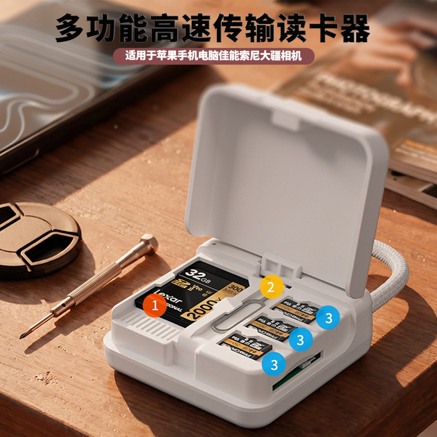 多功能高速传输读卡器 适用佳能索尼大疆相机 SD/TF卡储存收纳盒