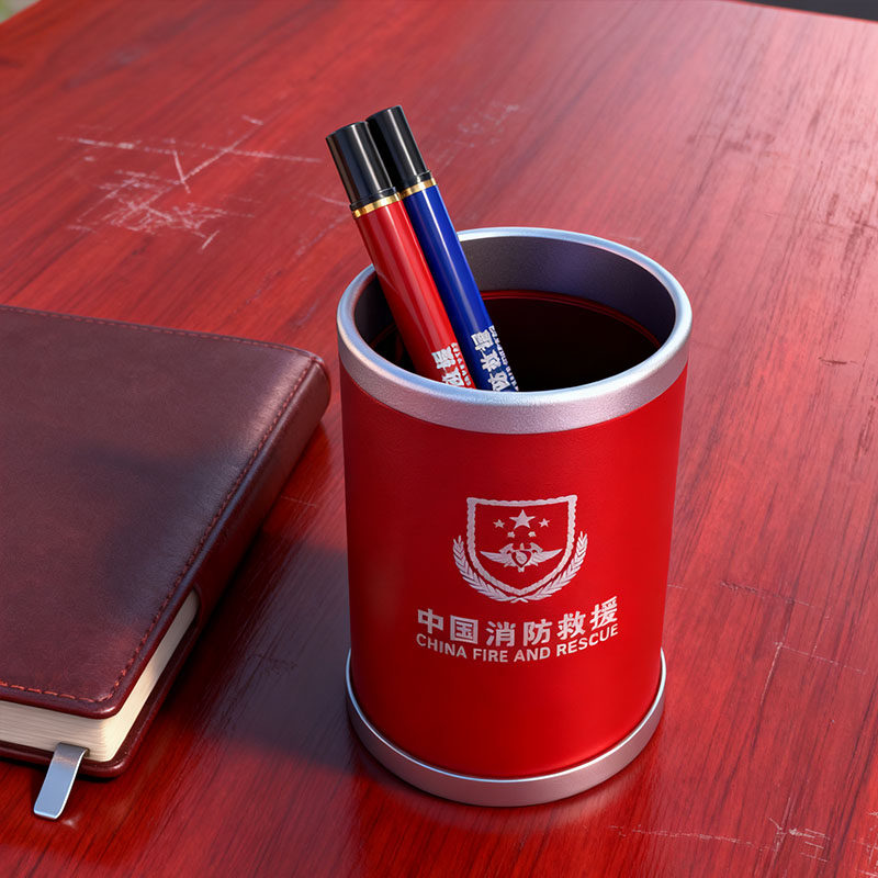 消防员可文具定制黑红金属笔筒创意金蓝铝合金笔插圆形笔座银色笔