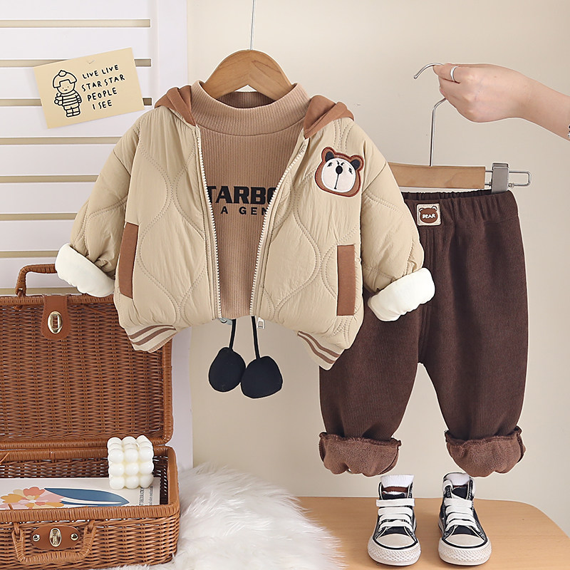 男童秋冬季加绒加厚三件套2025新款婴儿童宝宝冬装棉衣套装卡通潮