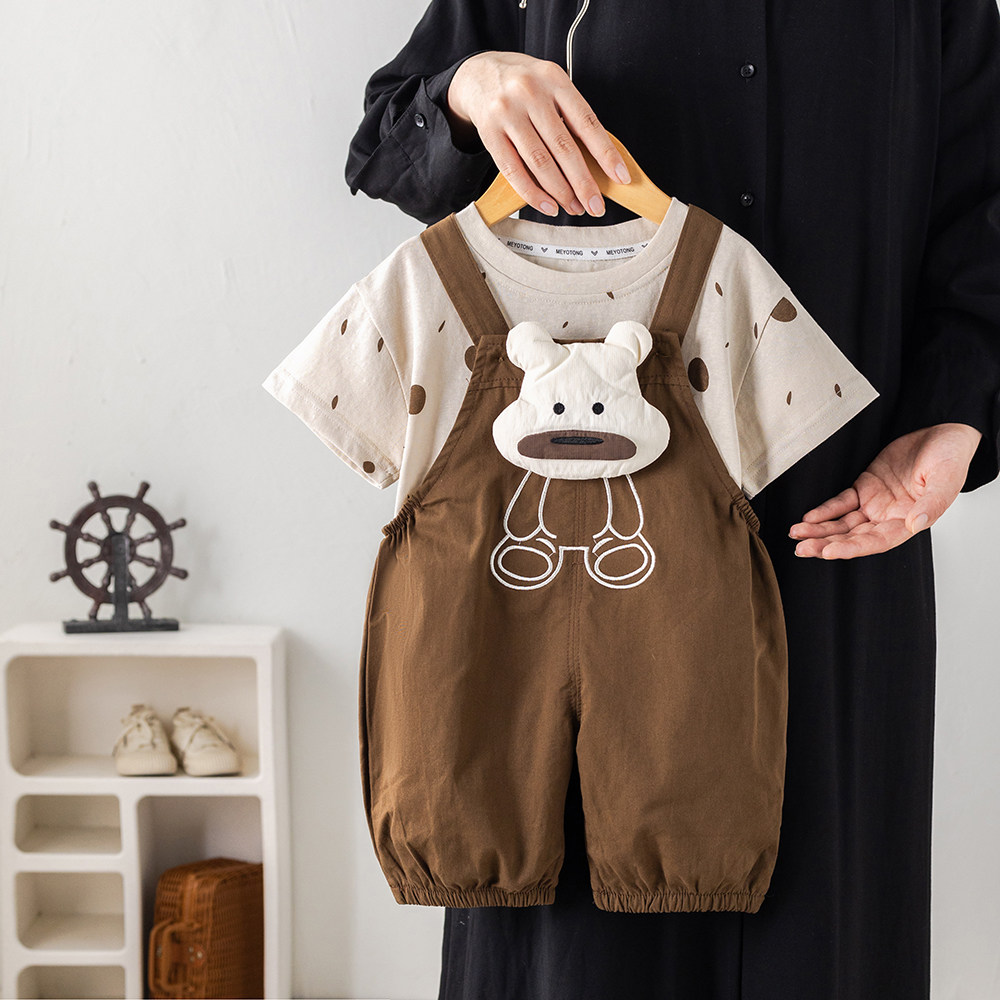 男童夏季卡通小熊背带裤套装宝宝洋气薄款两件套韩式可爱风1-3岁5