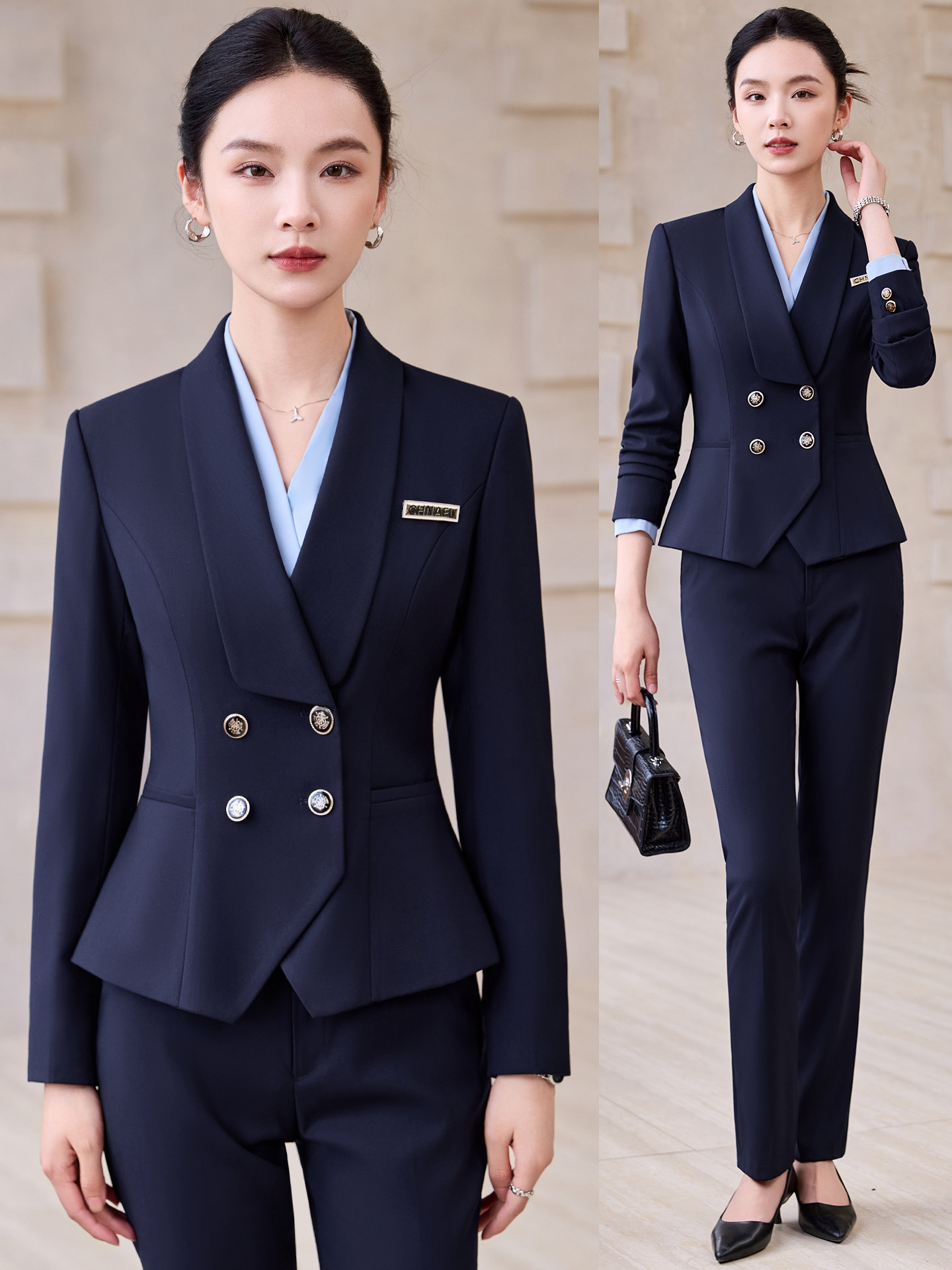 藏蓝色西装套装女高级感气质高端职业装酒店经理工装珠宝店工作服