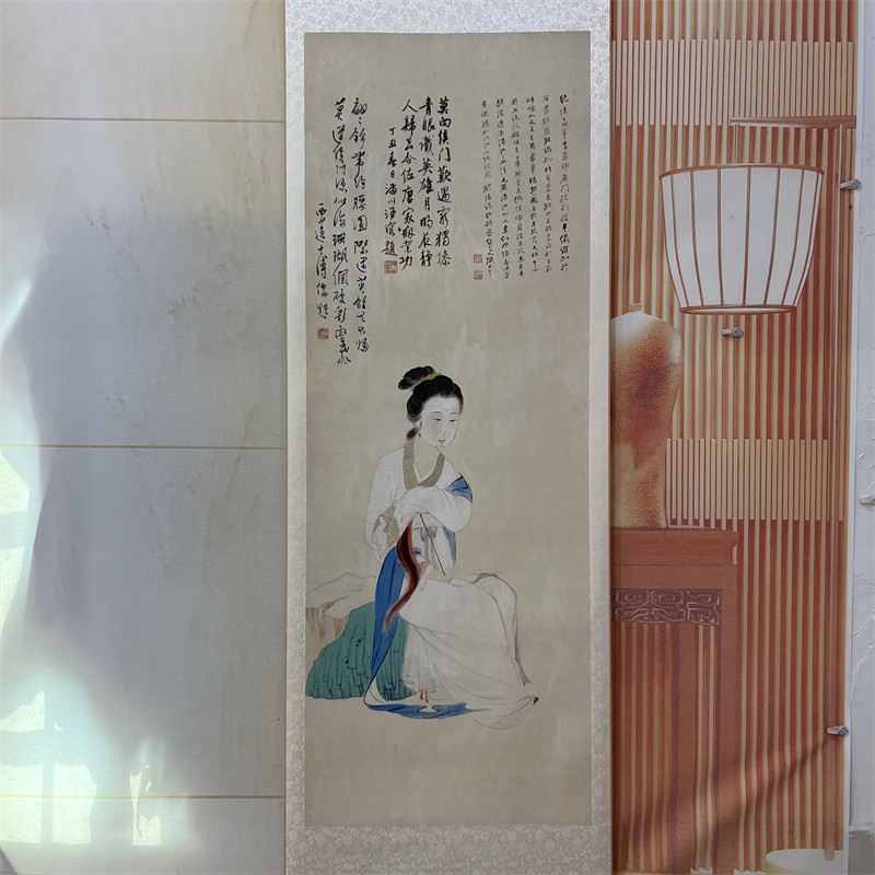 张大千红荷仕女图工笔人物画