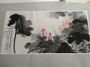 张大千国画荷花横幅客厅办公室挂画88.5X176.5cm原作版微喷复制画