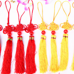 红色珠子双流苏6盘结金黄色小中国结手工艺品盆景装 饰小挂件喜庆