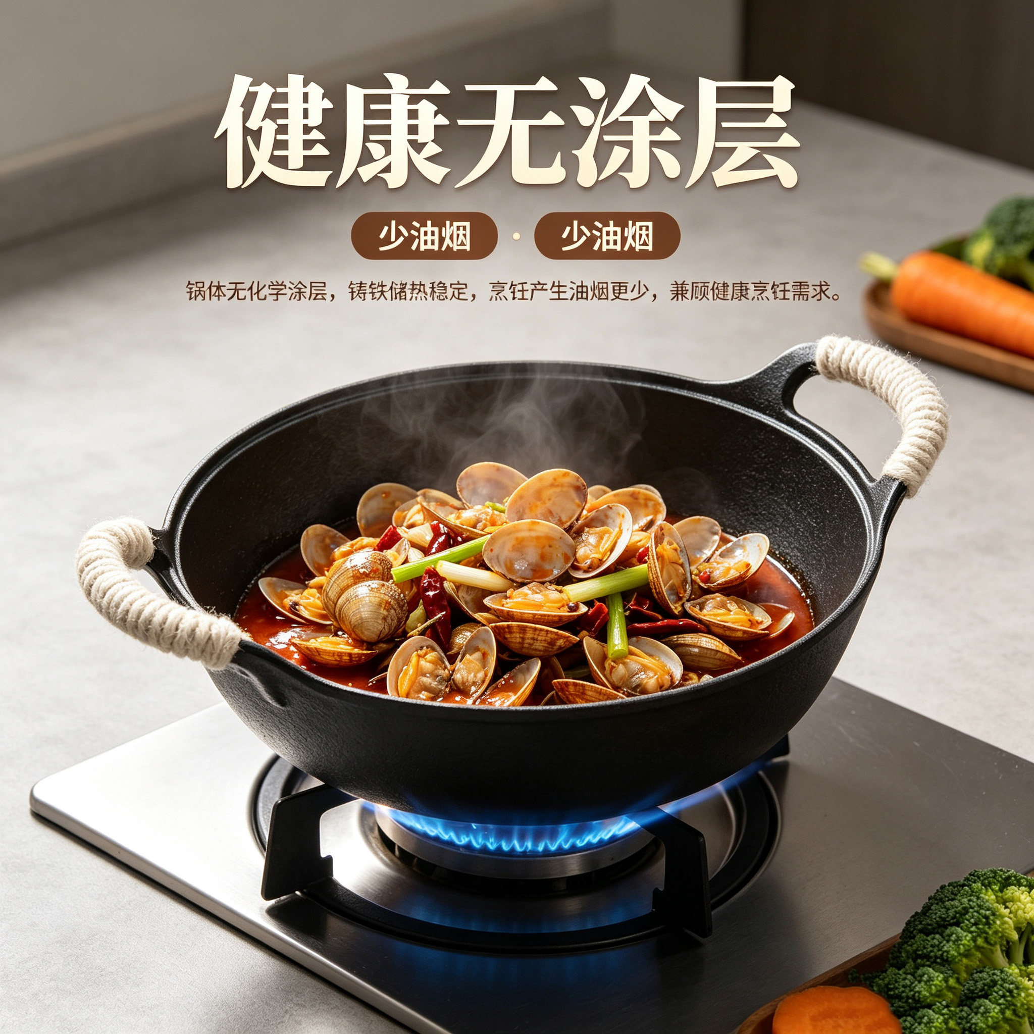加大加深铸铁元宝锅无涂层不粘火锅炖肉锅不挑炉灶家用双耳炒菜锅