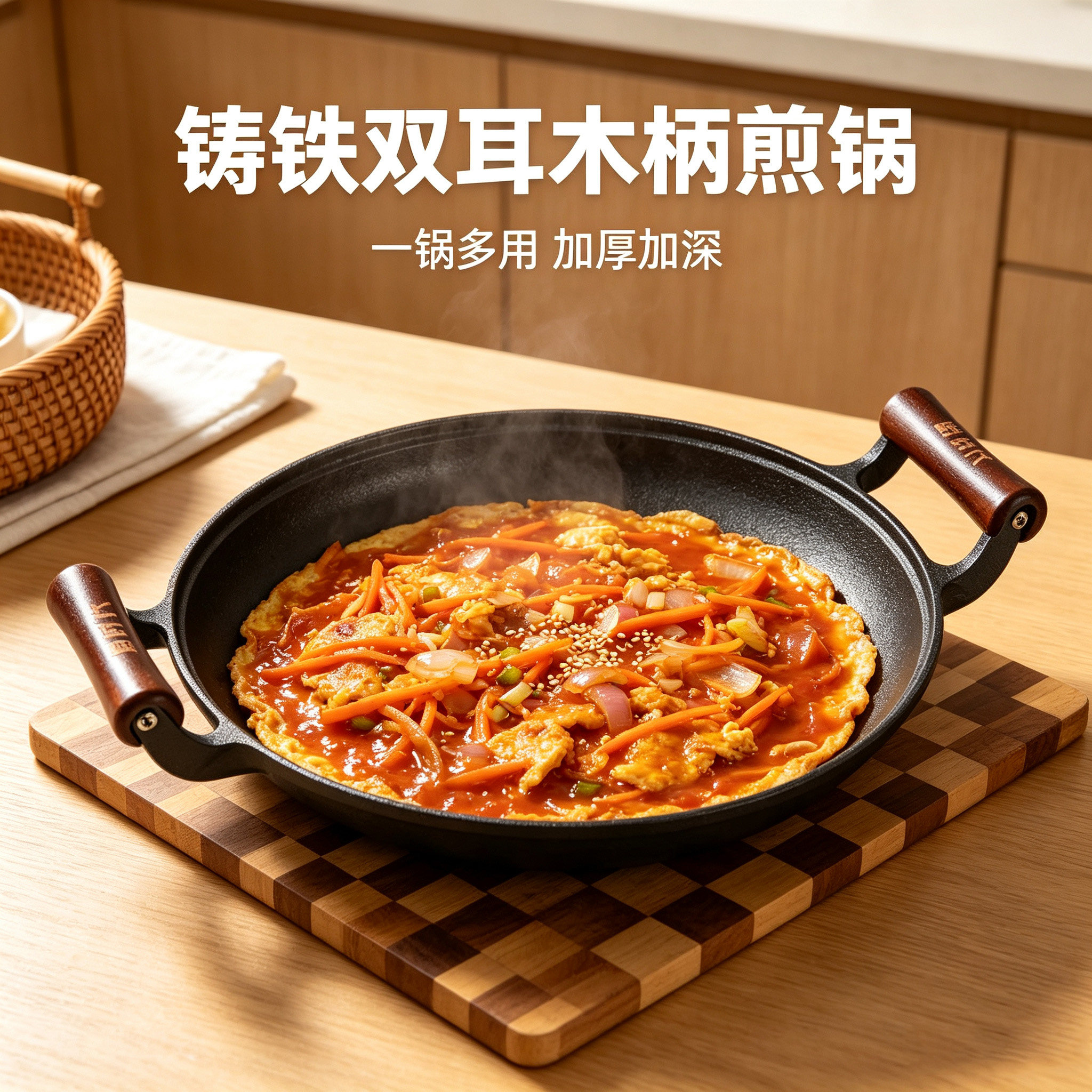 厨时代铸铁煎锅双耳加厚烙饼锅无涂层不粘平底锅煎饼果子锅饼铛