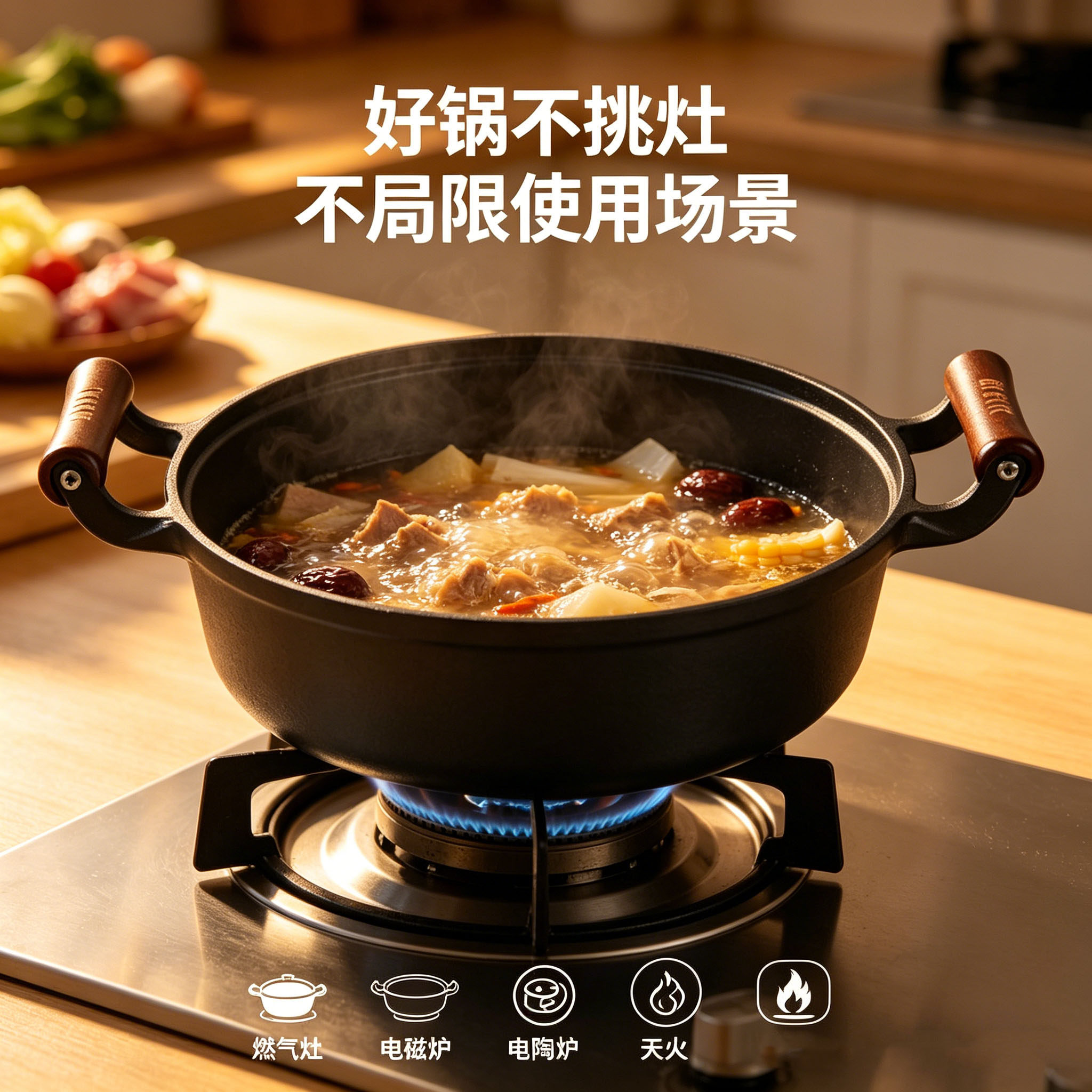 厨时代铸铁双耳木柄平底锅无涂层不粘锅家用加深煎包烙饼专用锅