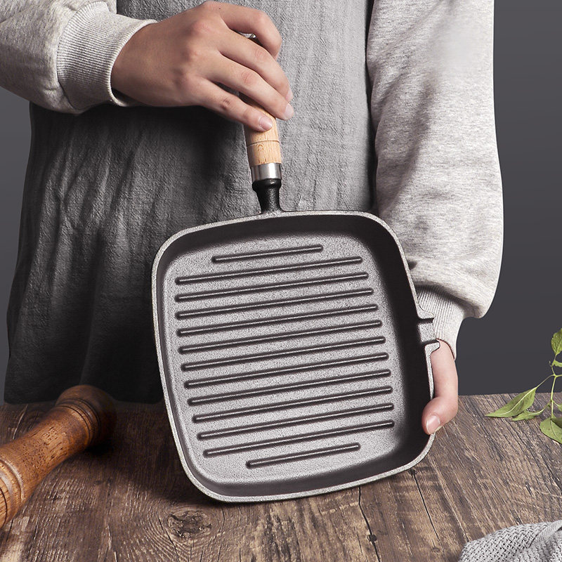 加厚木柄牛排煎锅铸铁平底锅无涂层不粘家用条纹煎锅煎牛扒专用锅