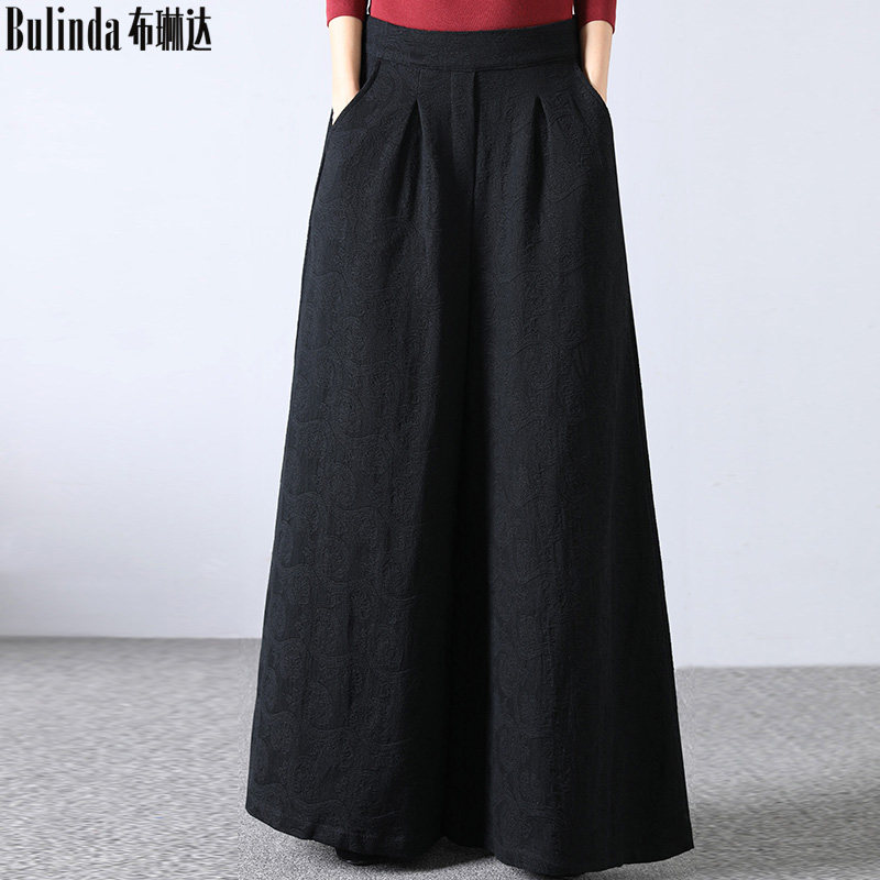 秋冬棉麻提花阔腿裤女宽松大码高腰直筒裤子垂感休闲拖地大腿长裤