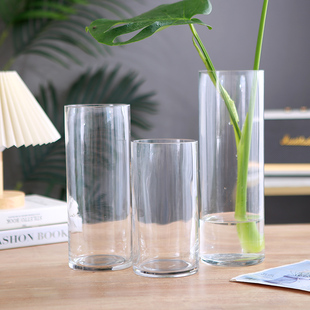 圆柱形玻璃花瓶透明简约客厅插花摆件富贵竹水培花器鲜切花玻璃瓶