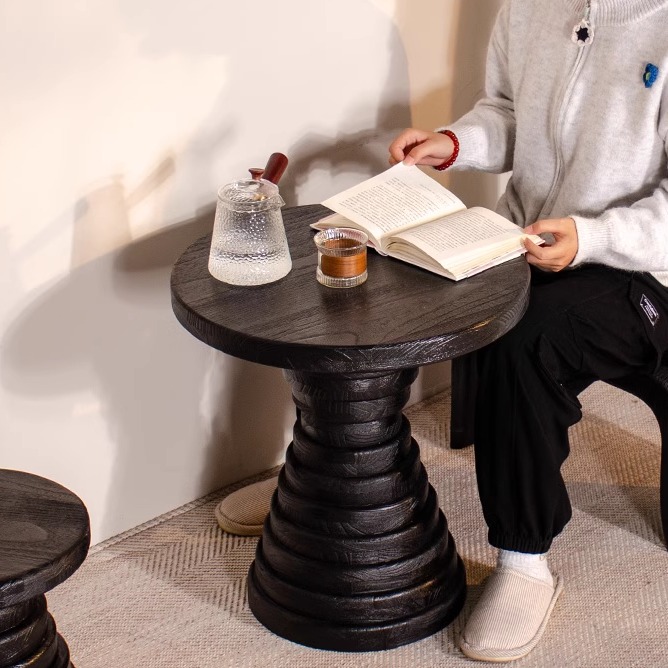 侘寂风实木边几圆桌黑色小圆桌子