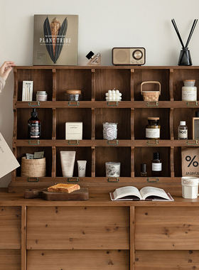 Onlythis实木置物架桌面多层收纳架客厅卧室复古家用格子柜展示柜