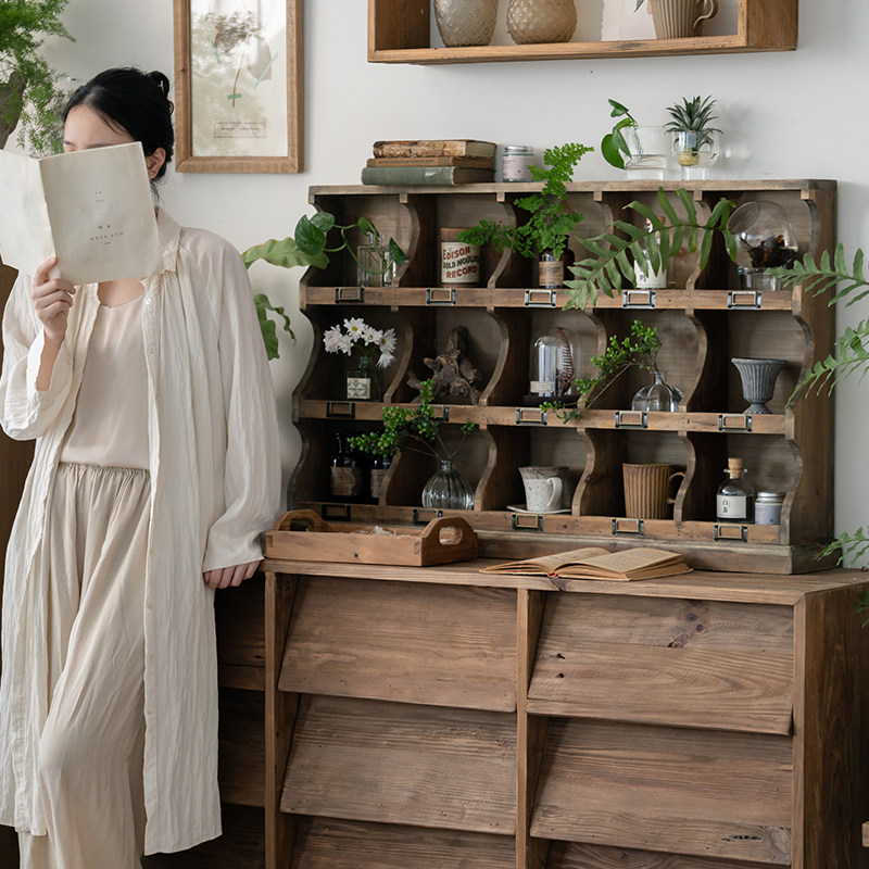 Onlythis家居复古实木桌面置物架墙上做旧杯架收纳架展示架格子柜