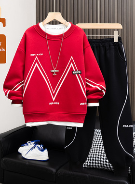 儿童装春装套装春秋款2025新款大童卫衣红色男孩春季酷帅气衣服潮