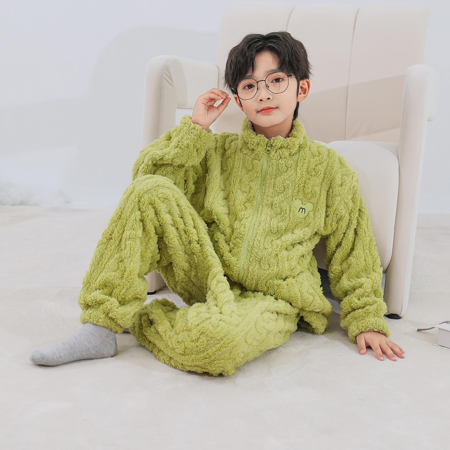 男童新款冬季加厚家居服套装