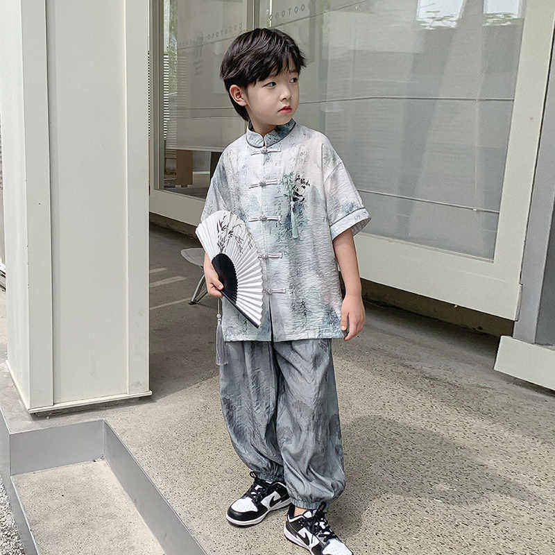 男童夏季汉服短袖套装2026新款儿童国风新中式古风高级演出服唐装