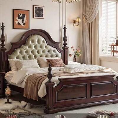 美式复古实木床主卧室1米8双人床法式轻奢皮艺软包婚床高靠背床