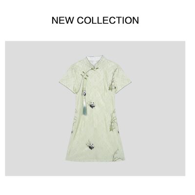 L1F26281 时尚百搭淡绿熊猫刺绣连衣裙-6281
