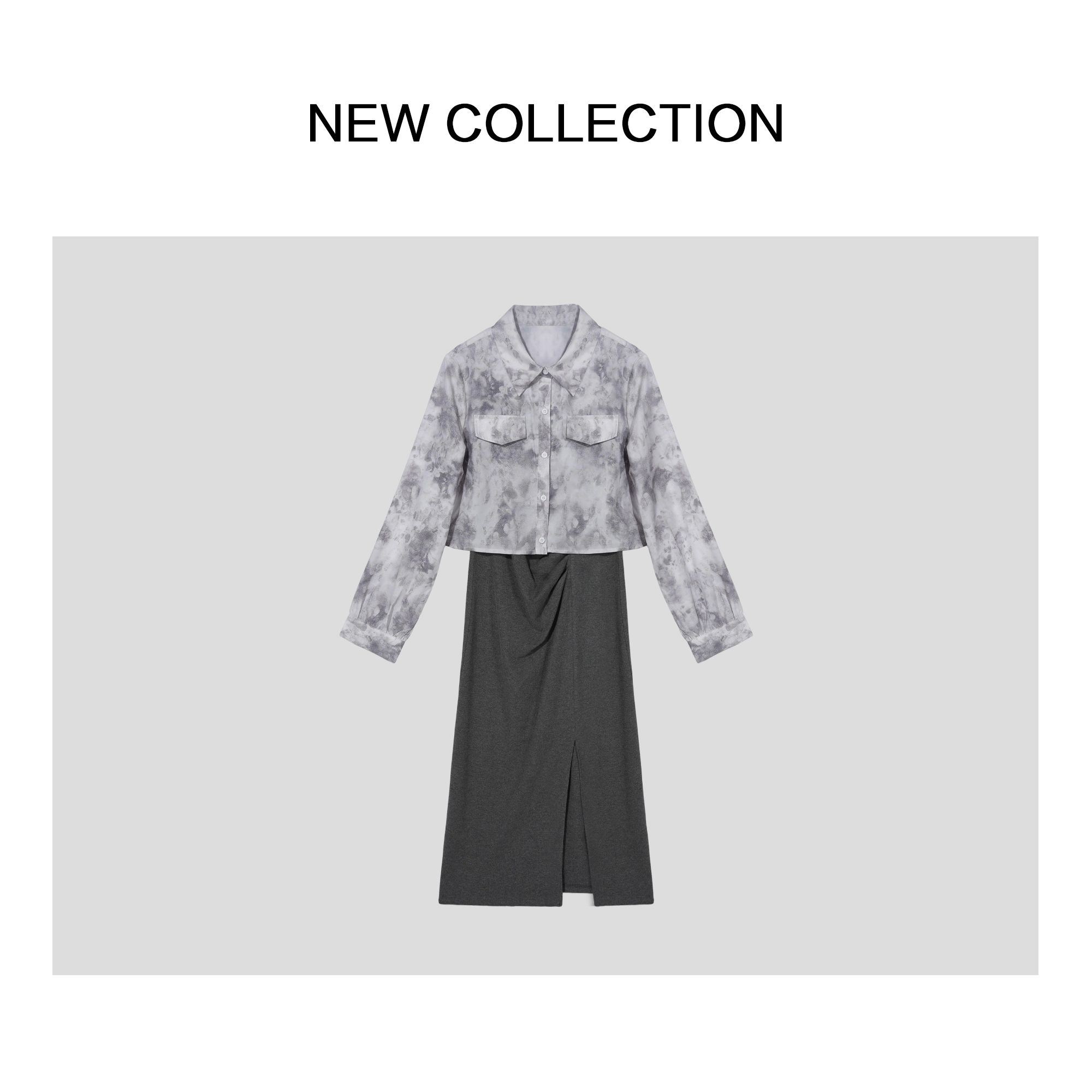 D1F27016 印花短款上衣+高腰开叉长裙