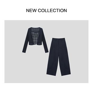 时尚简约上衣+格纹背心+裤子套装 D353096X