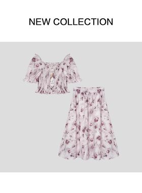 抽褶短袖上衣+高腰长裙套装OJ D1F27078