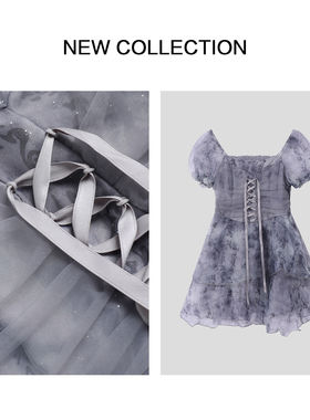 L3F28062甜美扎染方领泡泡袖公主裙-8062