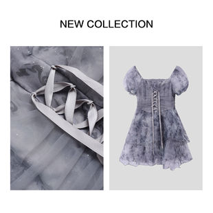 L3F28062甜美扎染方领泡泡袖 8062 公主裙