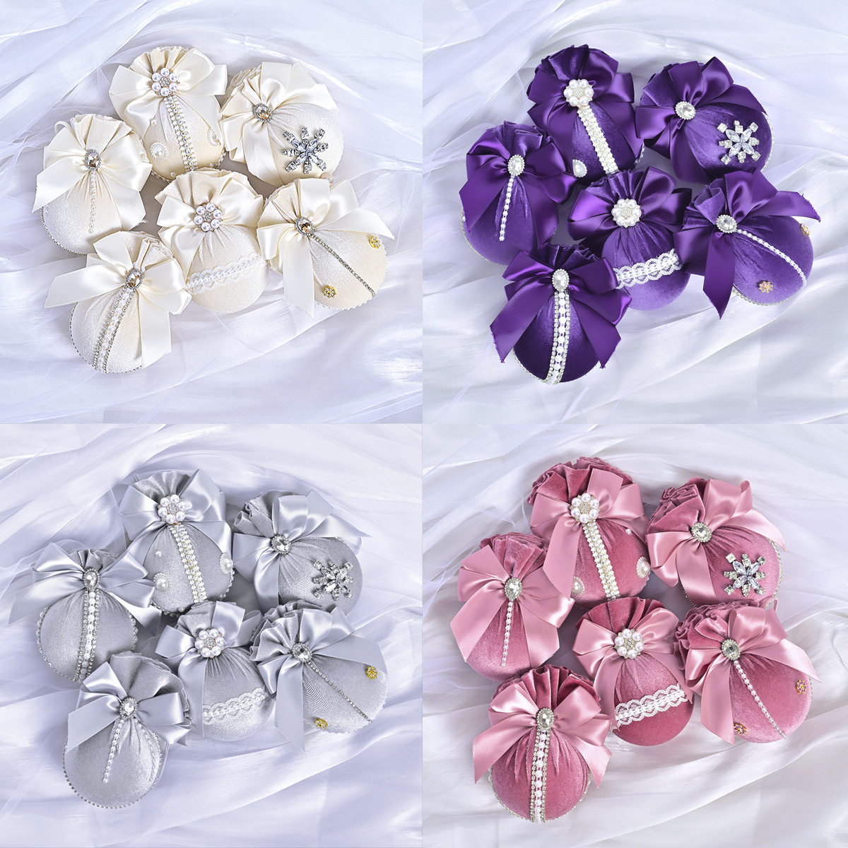 跨境新款圣诞树挂饰8CM-6pcs天鹅绒钻石布包圣诞球节庆场地装饰品