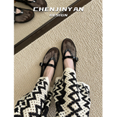 一字扣带平底浅口玛丽珍单鞋 全牛皮 新款 女2025夏季 渔夫网面凉鞋