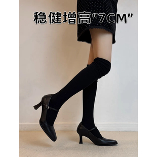 牛皮版!法式方头高跟单鞋女不累脚气质一字带玛丽珍鞋粗跟小皮鞋