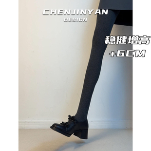 小羊皮！6CM增高小个子玛丽珍鞋女蝴蝶结粗跟乐福鞋复古小皮鞋女