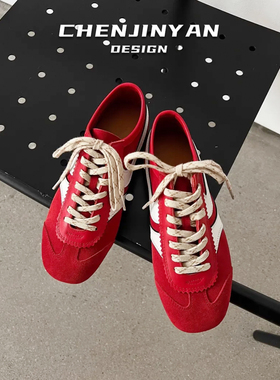 牛皮版~复古红色德训鞋女2025春季新款软底休闲运动内增高阿甘鞋
