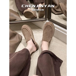 牛皮版！老钱风加绒乐福鞋女冬季新款保暖雪地靴懒人一脚蹬毛毛鞋