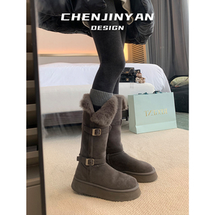 加绒两穿中筒长靴羊羔毛保暖棉靴 冬季 皮毛一体 厚底雪地靴女新款