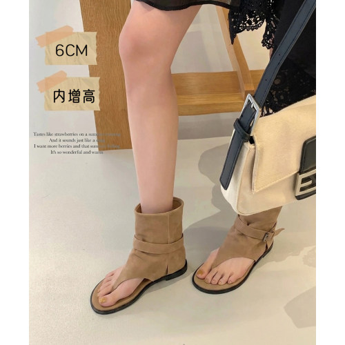 小牛皮！6CM内增高复古夹趾凉靴
