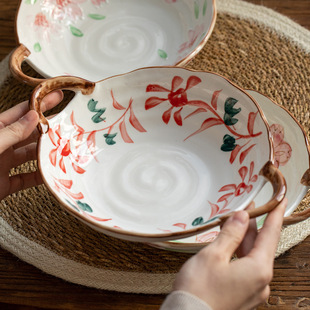 日本进口美浓烧手绘陶瓷双耳菜盘家用釉下彩意面盘日式咖喱饭盘子