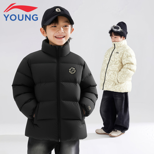 李宁儿童羽绒服短款男童2025冬季新款防风保暖青少年鸭绒立领外套