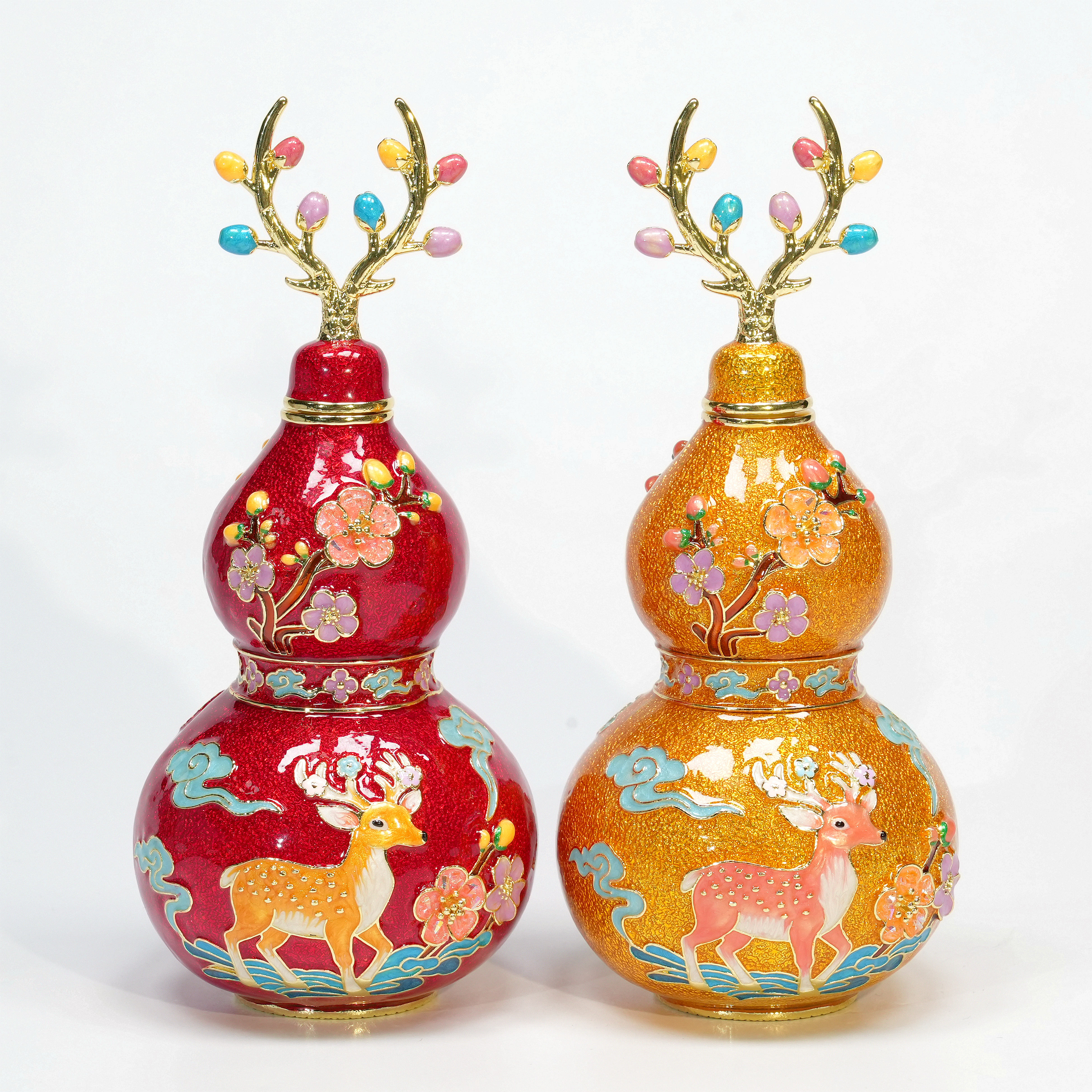 一路生花珐琅彩葫芦摆件梅花鹿图案家居客厅装饰品传统工艺品礼品