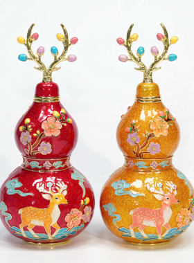 一路生花珐琅彩葫芦摆件梅花鹿图案家居客厅装饰品传统工艺品礼品