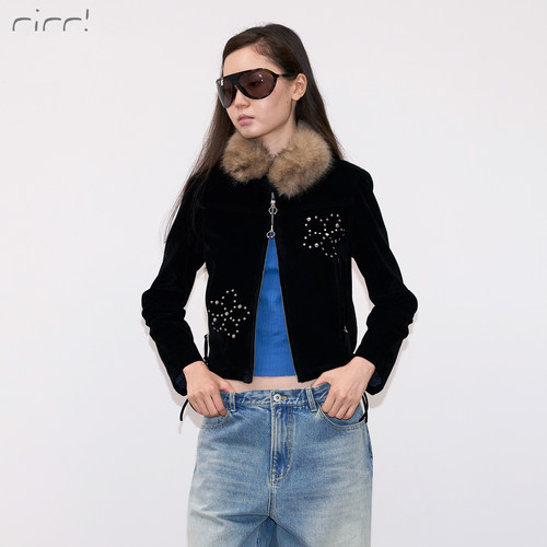立体铆钉可拆卸毛领麂皮短外套