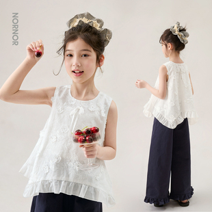 t恤透气儿童宽松无袖 新款 白色上衣 夏季 NORNOR陈大猪女童花卉小衫