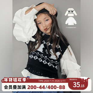 陈大猪女童黑白毛衣2025秋冬季保暖时髦百搭毛衣儿童毛织上衣