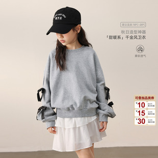 NORNOR陳大豬童裝 新款 洋氣蝴蝶結兒童秋裝 上衣女 女童灰色衛衣秋季