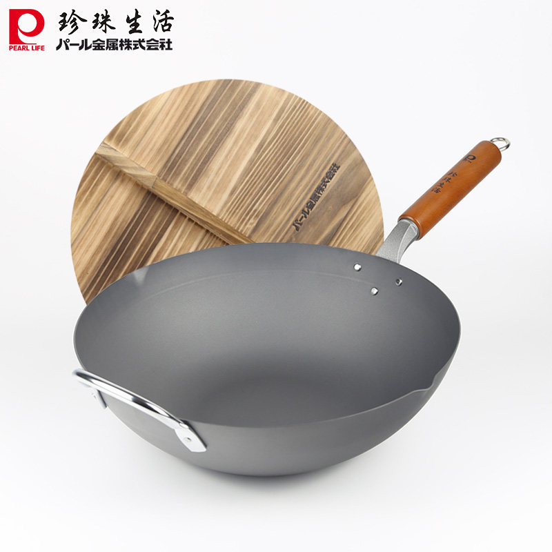 新款珍珠生活窒化铁锅日本原装进口炒锅33cm平底家用炒菜锅光滑面