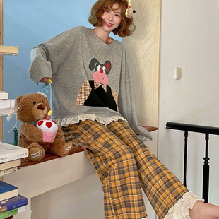 新款春秋季纯棉睡衣长袖长裤家居服卡通可爱狗狗甜美格子套装外穿