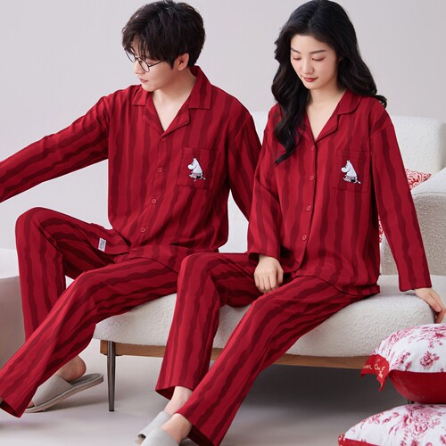 高档纯棉结婚情侣睡衣春秋季新婚本命年红色长袖套装男女家居服
